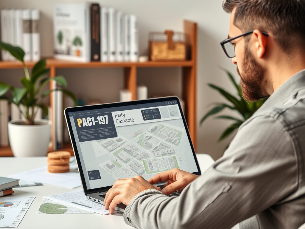 Мужчина в очках работает за компьютером, на экране - план пространства PAC1-197 с деталями проекта.