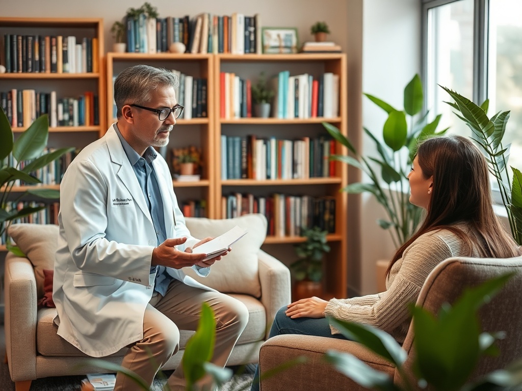 Врач и пациент обсуждают план лечения в уютном офисе среди книг и растений.