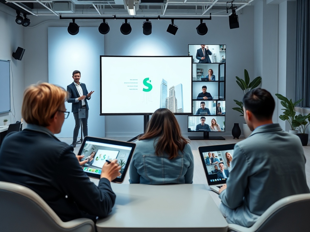 На встрече в офисе мужчины и женщины участвуют в видеоконференции, используя планшеты и ноутбуки.