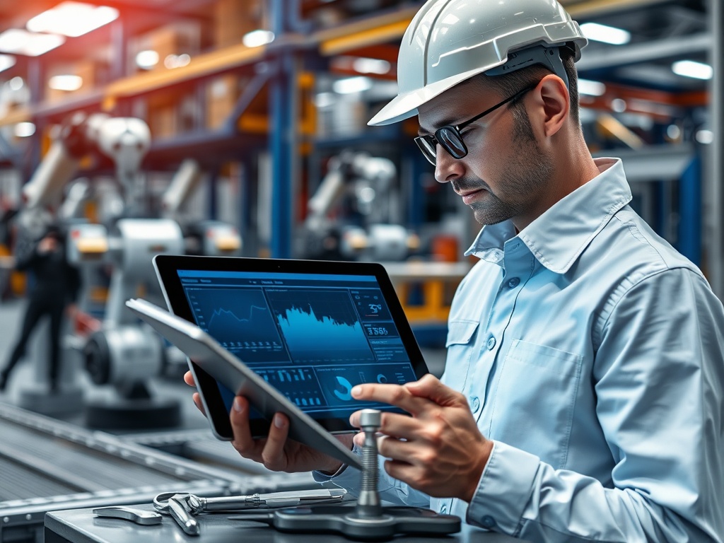 Работник завода в каске и очках использует планшет для анализа данных на фоне производственного оборудования.
