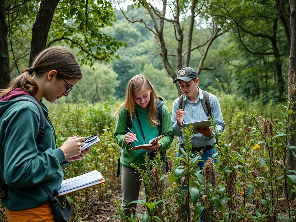 Трое молодых людей в лесу, записывают данные и делают заметки среди зелени.