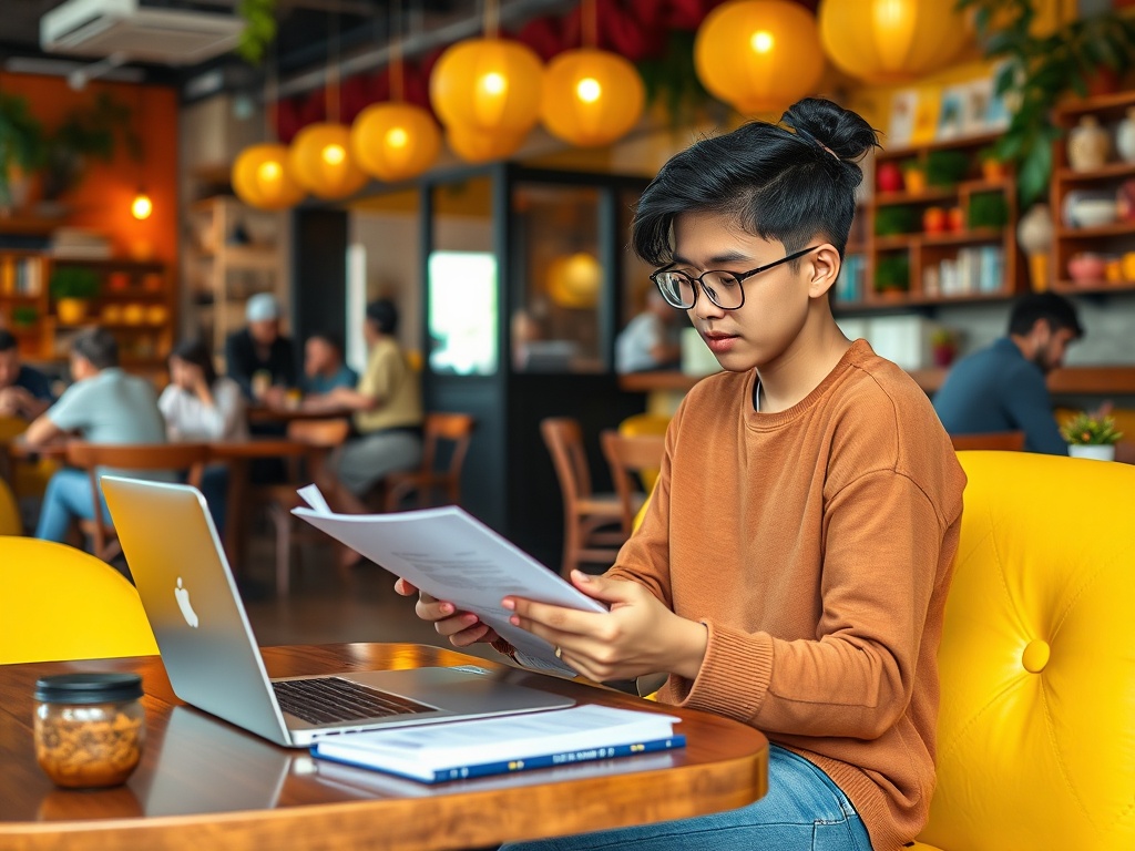 Молодой человек с документами сидит за столом в кафе, рядом с ноутбуком и учебниками. Атмосфера уютная.