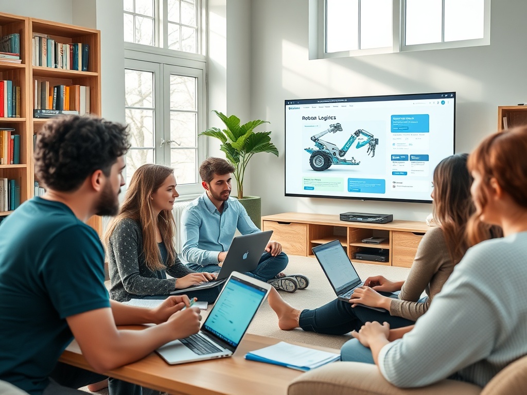 Группа людей обсуждает проект робототехники в светлом помещении с большими окнами и телевизором на стене.