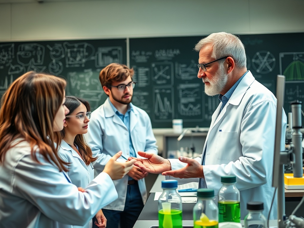 Научная дискуссия в лаборатории между преподавателем и студентами. Стеклянные колбы с зеленой жидкостью.