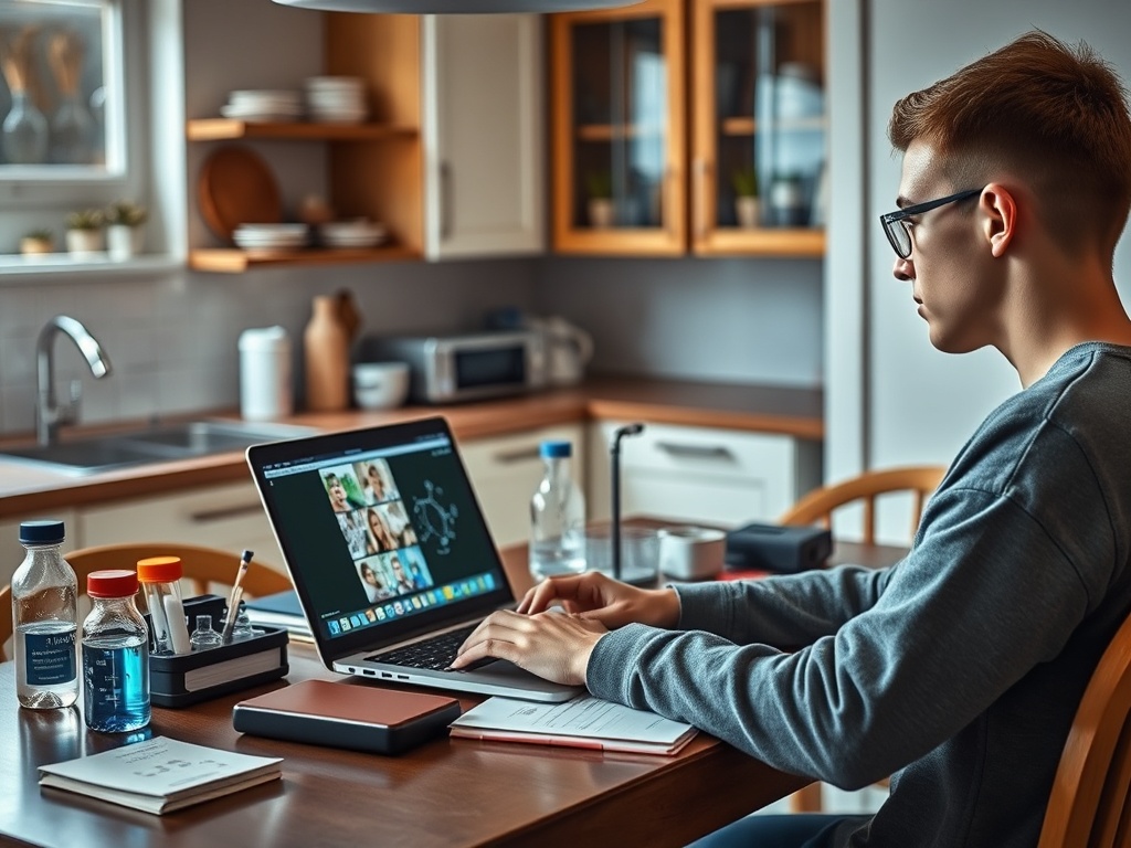 Молодой человек сидит за столом, работающим на ноутбуке, окружённый предметами для учёбы и напитками.