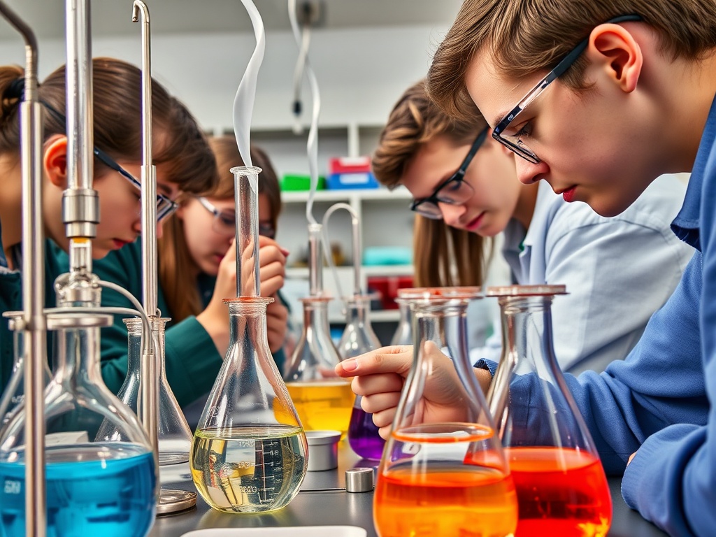 Группа школьников проводит эксперименты в лаборатории, сосредоточенно наблюдая за реакциями.