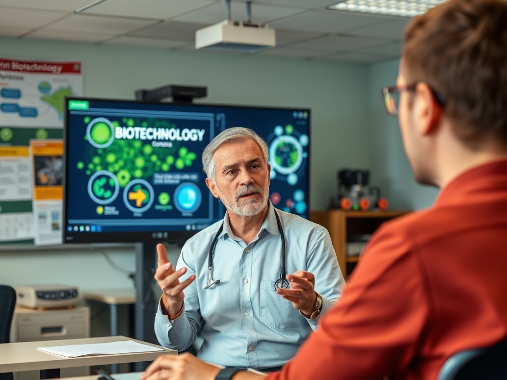 На изображении врач объясняет концепции биотехнологии студенту в учебной лаборатории.